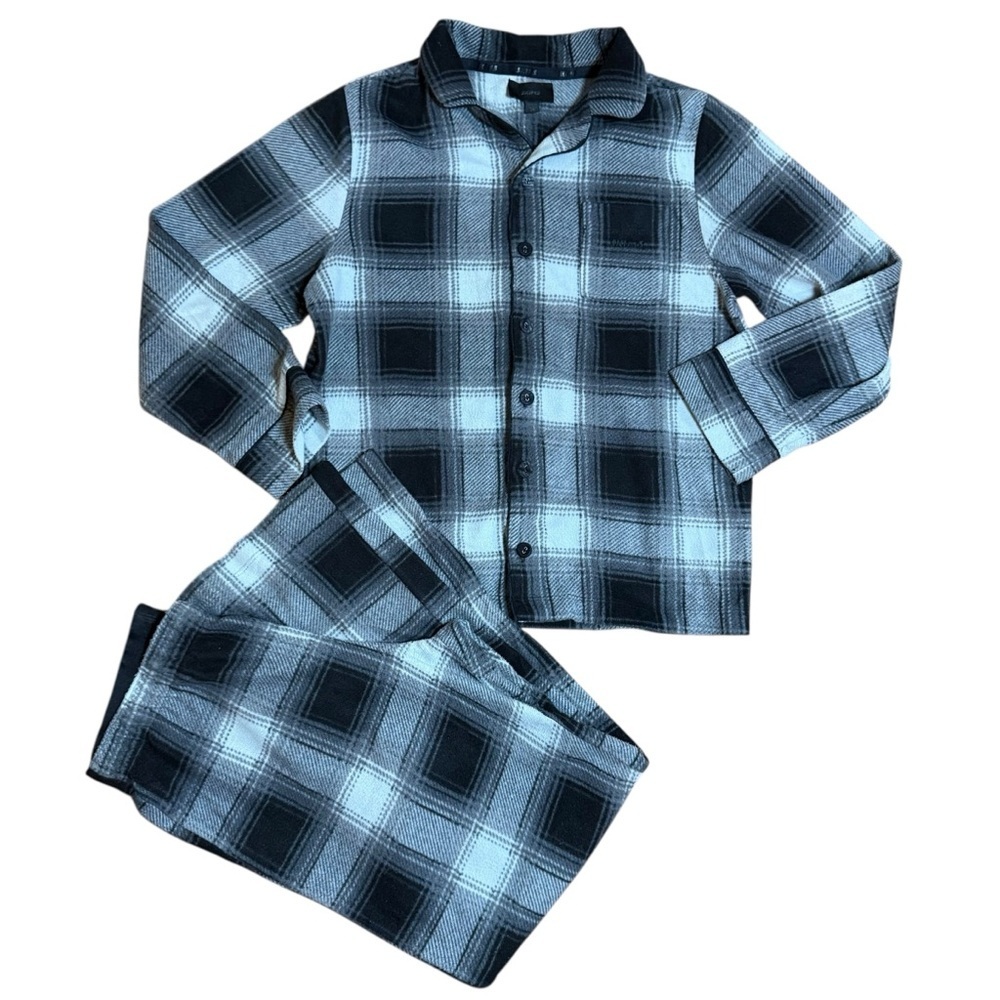 SKIMS| Kids Unisex Gray and Black Fleece Flannel Plaid Pajama Set - Size 10